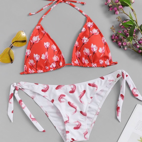 Other - Floral Top With Fish Print Bikini Set